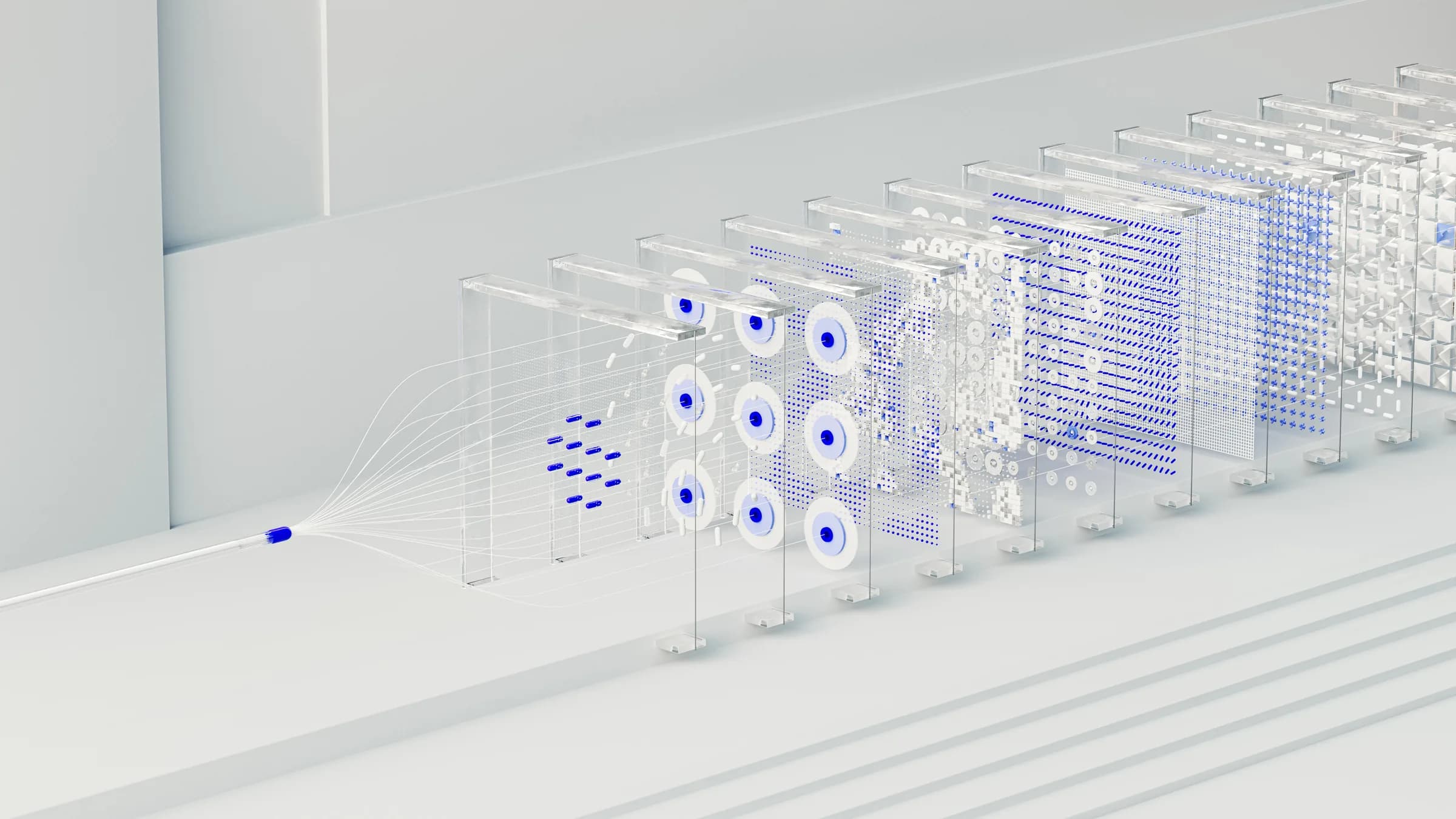 Abstract rendering of a layered neural network, signals fanning out from a single input across successive translucent panels.