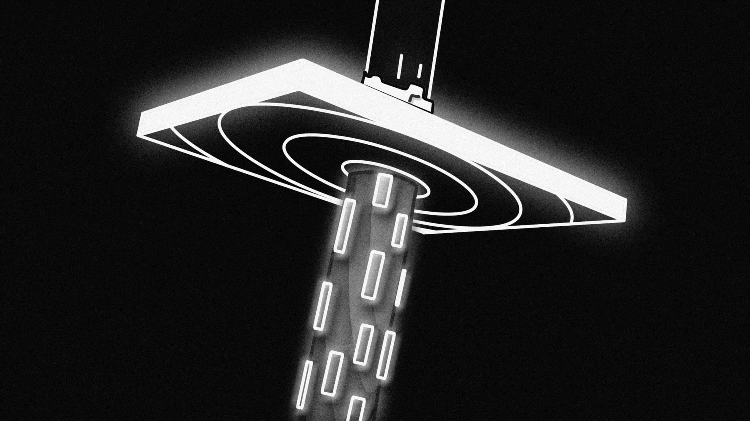 A luminous overhead structure above a road, drawn in white on black.